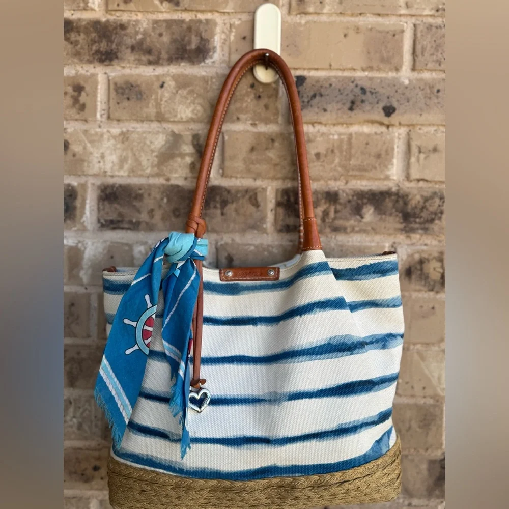 Brighton Espadrille Blue and White Striped Nautical Tote with Tan Handles - Picture 3 of 16
